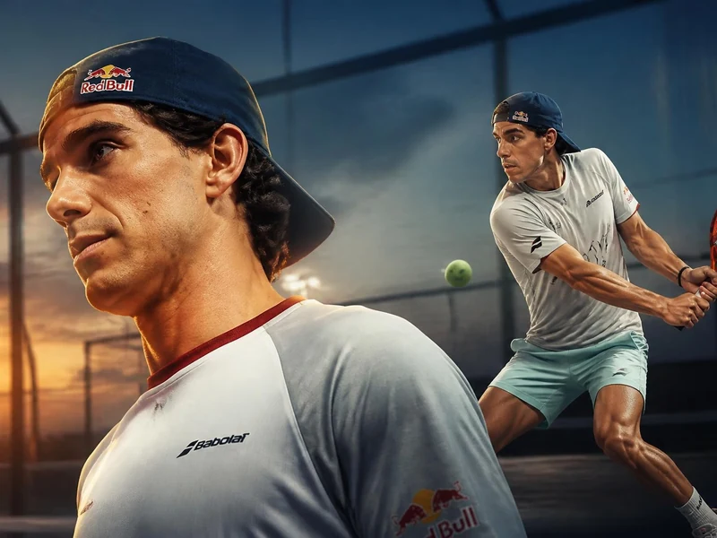 Juan Lebrón pose en gros plan tandis qu'il s'apprête à frapper une balle sur un terrain de padel au coucher du soleil