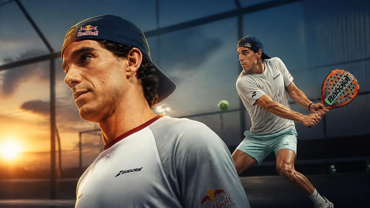 Juan Lebrón pose en gros plan tandis qu'il s'apprête à frapper une balle sur un terrain de padel au coucher du soleil