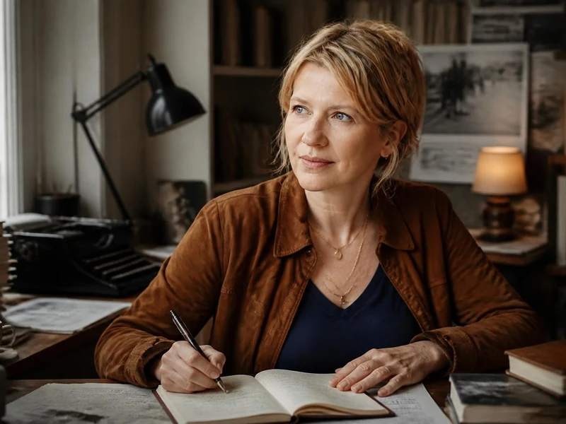 Judith Perrignon en pleine écriture dans son bureau entourée de livres et d'une machine à écrire ancienne