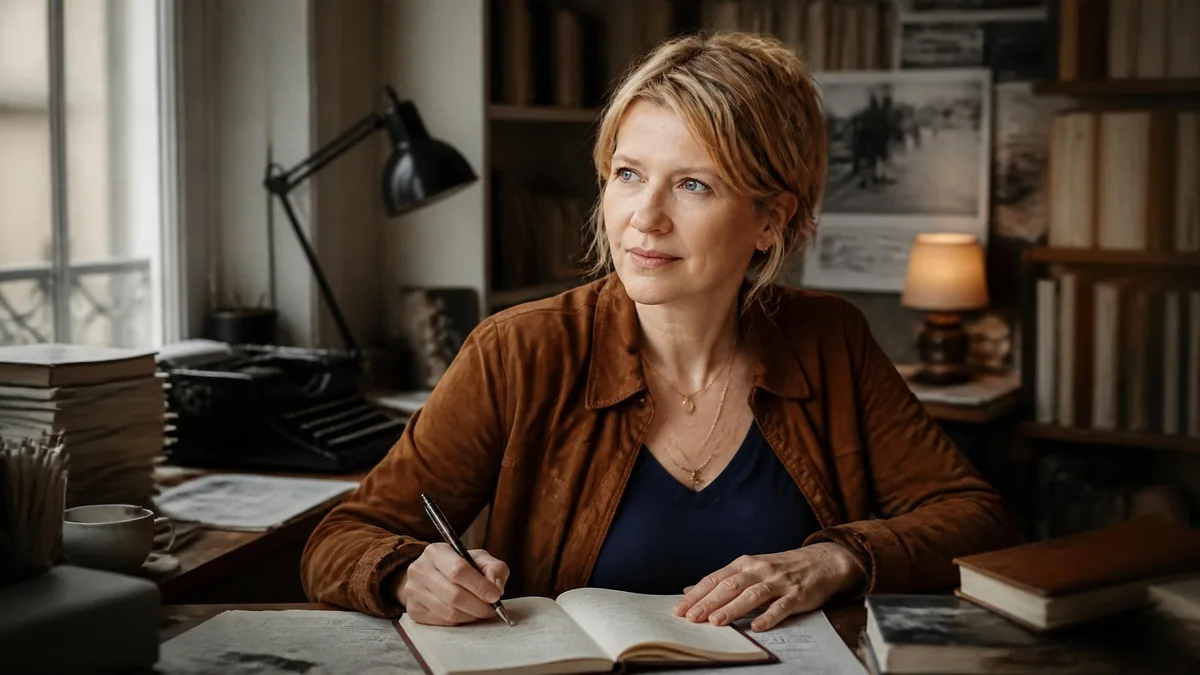 Judith Perrignon en pleine écriture dans son bureau entourée de livres et d'une machine à écrire ancienne
