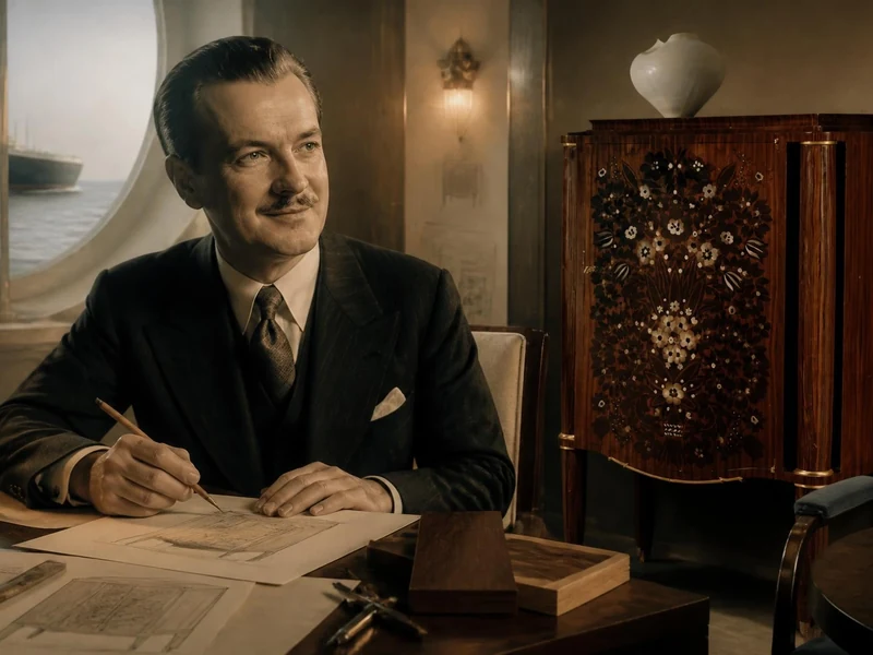 Portrait de l'élégant Jules Leleu travaillant sur ses plans de mobilier Art déco à bord d'un paquebot