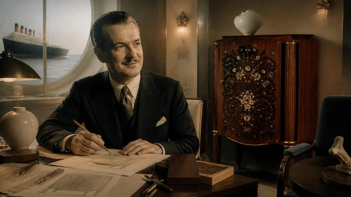 Portrait de l'élégant Jules Leleu travaillant sur ses plans de mobilier Art déco à bord d'un paquebot