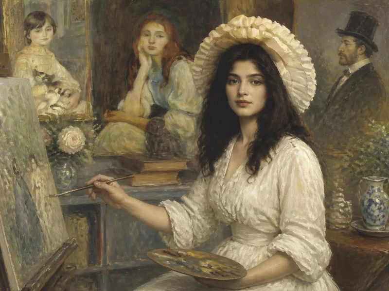 Portrait d'une jeune femme en robe blanche et chapeau peignant sur un chevalet, représentant Julie Manet dans son atelier