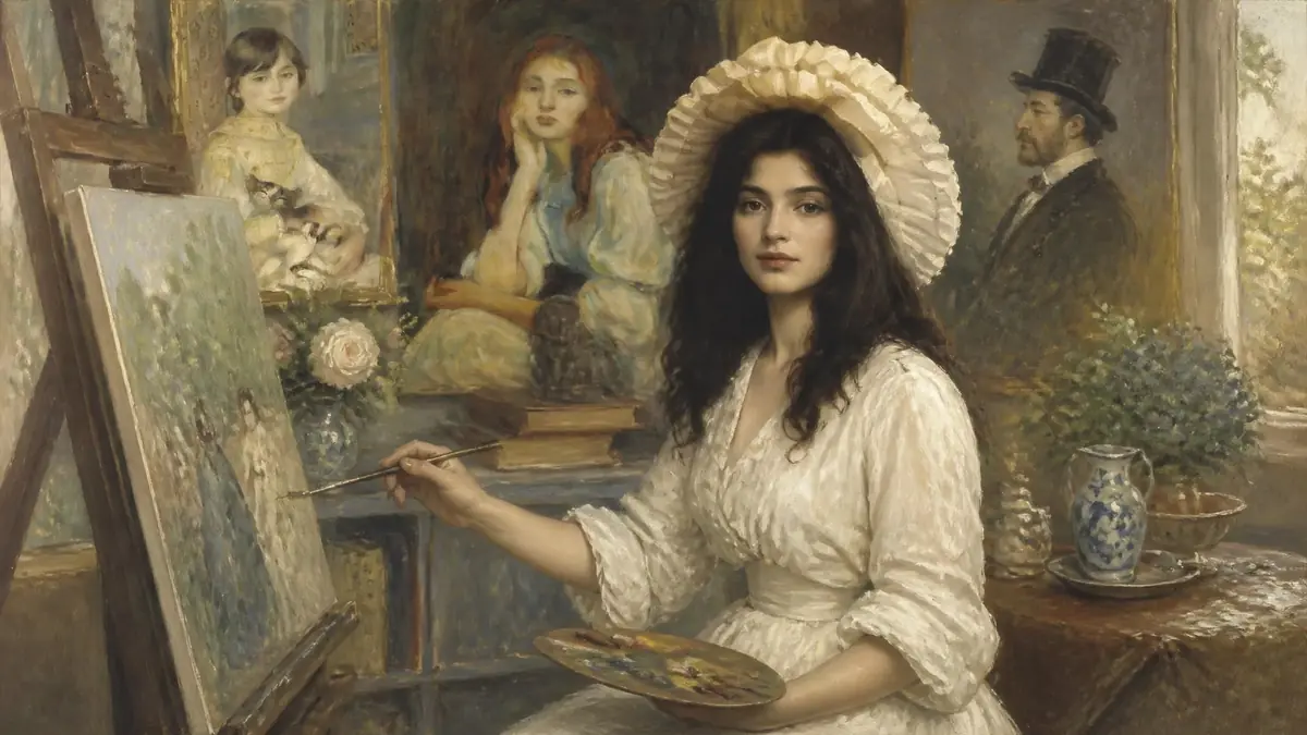 Portrait d'une jeune femme en robe blanche et chapeau peignant sur un chevalet, représentant Julie Manet dans son atelier