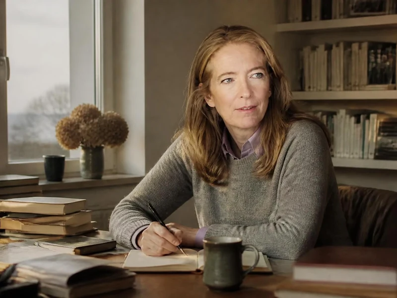 La romancière Julie Wolkenstein est assise à son bureau, écrivant dans un carnet devant une bibliothèque et une fenêtre