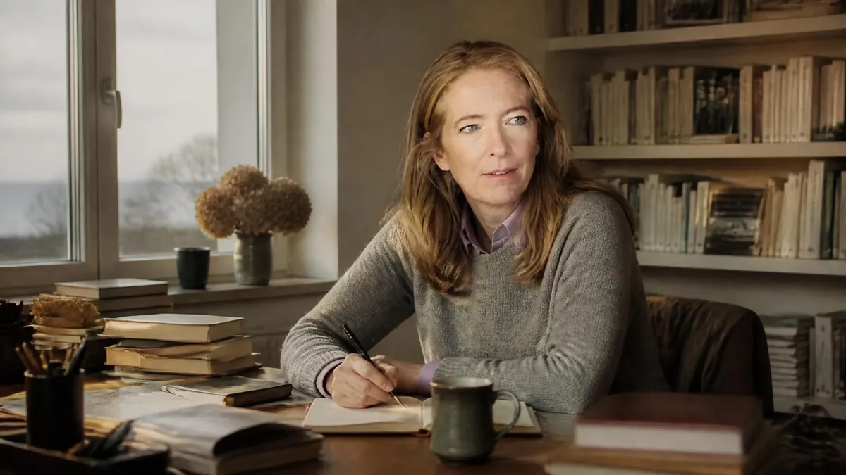 La romancière Julie Wolkenstein est assise à son bureau, écrivant dans un carnet devant une bibliothèque et une fenêtre