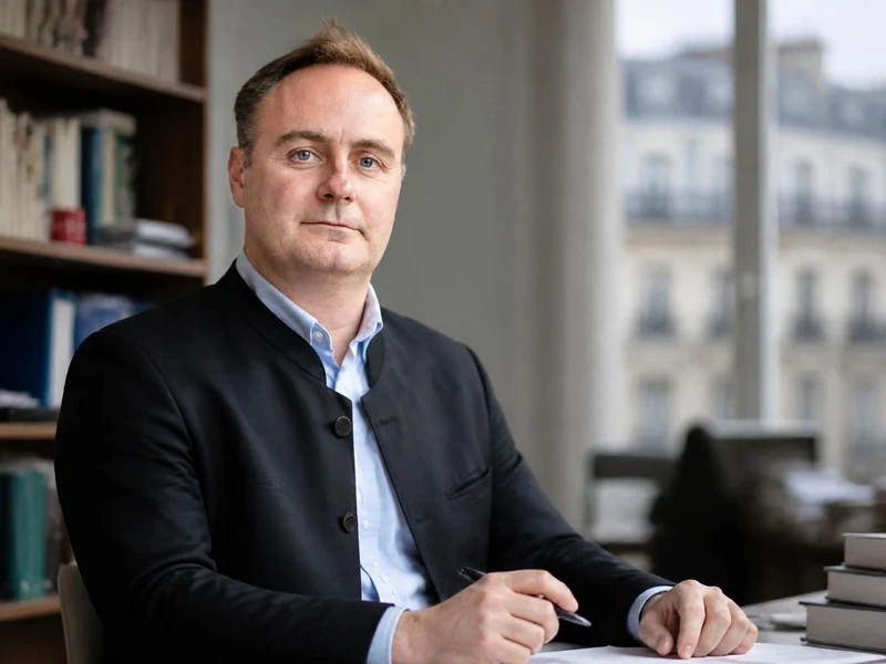 Portrait du sociologue Julien Damon assis à son bureau avec des livres en arrière-plan