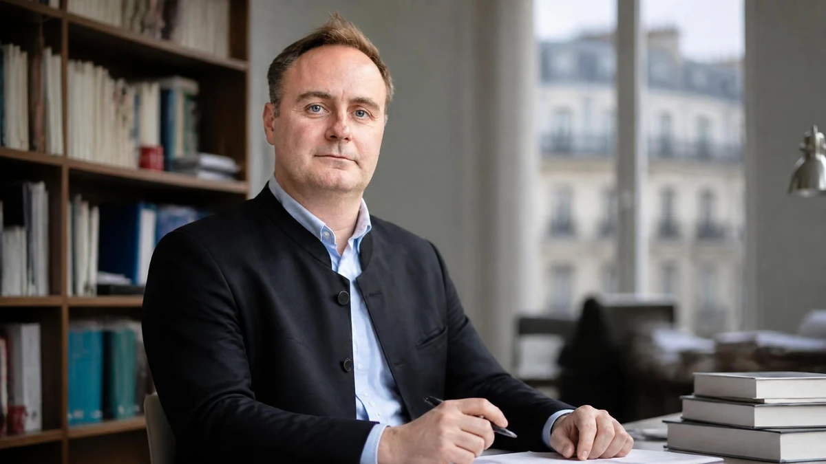 Portrait du sociologue Julien Damon assis à son bureau avec des livres en arrière-plan
