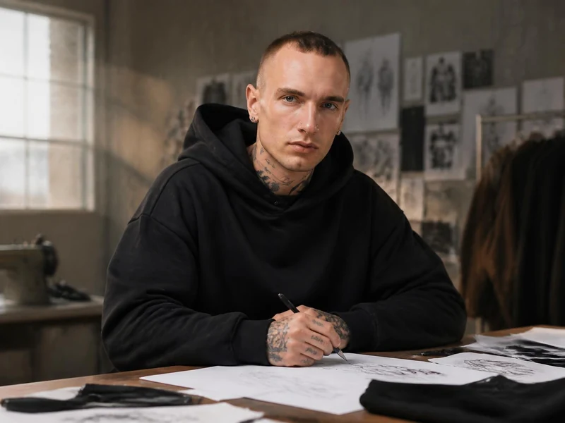 Un styliste tatoué dessine des croquis de mode dans son atelier pour la marque Karl Kani