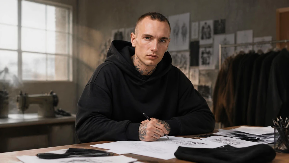 Un styliste tatoué dessine des croquis de mode dans son atelier pour la marque Karl Kani
