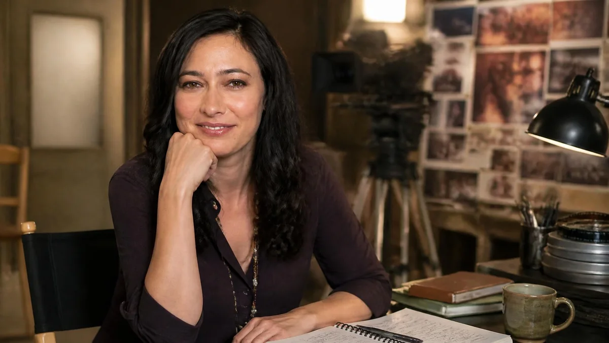 Portrait de Katrina Holden Bronson assise à son bureau avec du matériel de tournage en arrière-plan