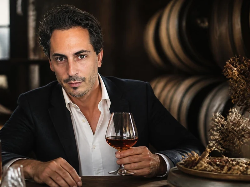 Portrait de Kilian Hennessy tenant un verre de cognac dans une cave avec des fûts en arrière-plan