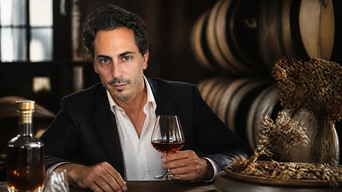 Portrait de Kilian Hennessy tenant un verre de cognac dans une cave avec des fûts en arrière-plan
