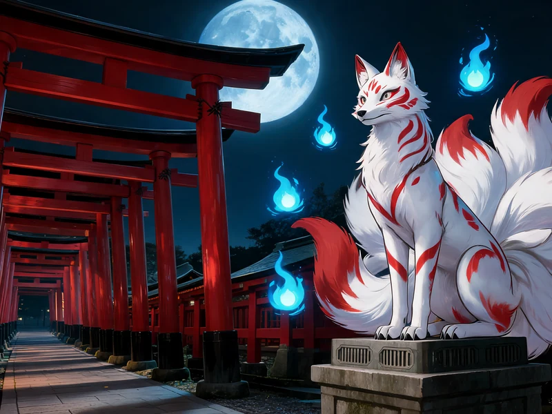 Un majestueux Kitsune blanc à neuf queues entouré de flammes bleues devant un sanctuaire japonais sous la pleine lune