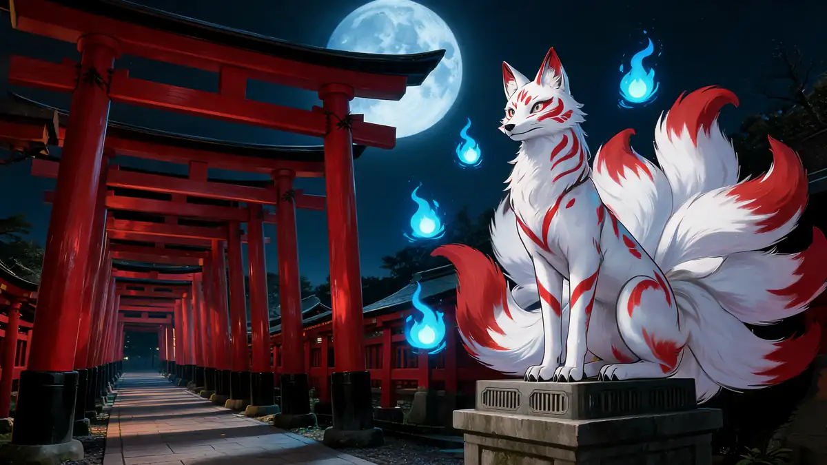 Un majestueux Kitsune blanc à neuf queues entouré de flammes bleues devant un sanctuaire japonais sous la pleine lune