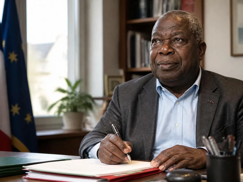 Portrait de Kofi Yamgnane assis à son bureau en train d'écrire, avec les drapeaux français et européen en arrière-plan