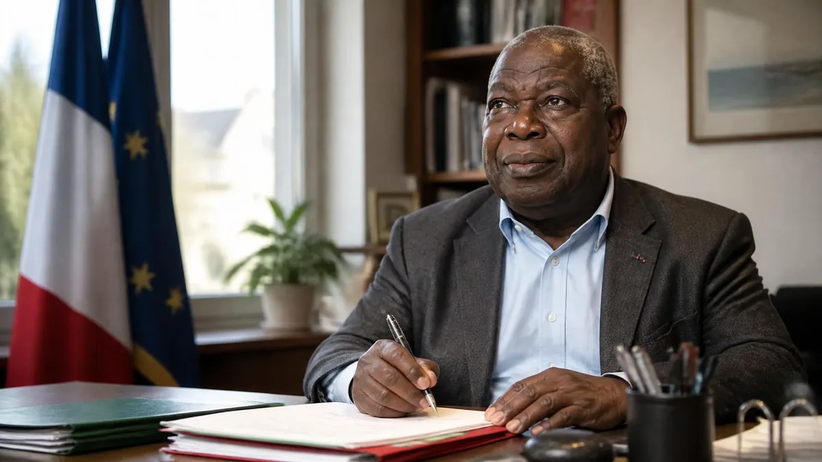 Portrait de Kofi Yamgnane assis à son bureau en train d'écrire, avec les drapeaux français et européen en arrière-plan