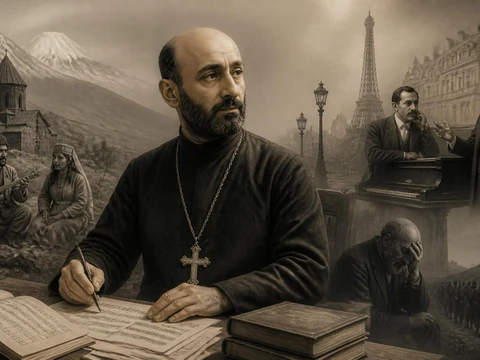 Portrait artistique illustrant les différentes étapes de la vie du compositeur Komitas entre l'Arménie et Paris