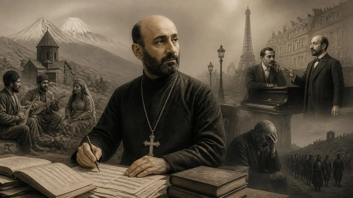 Portrait artistique illustrant les différentes étapes de la vie du compositeur Komitas entre l'Arménie et Paris