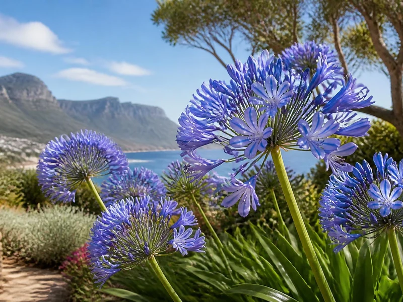Magnifique agapanthe plante aux fleurs bleues en bord de mer avec des montagnes en arrière-plan