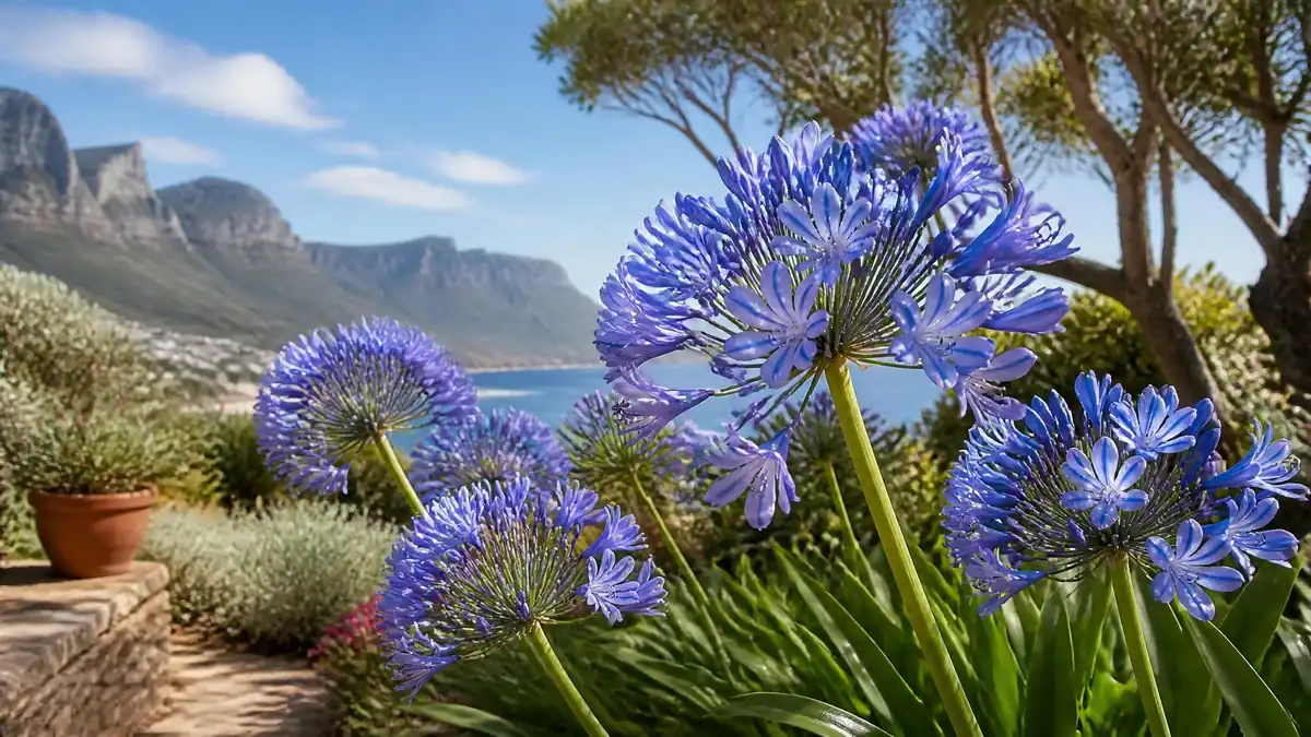 Magnifique agapanthe plante aux fleurs bleues en bord de mer avec des montagnes en arrière-plan