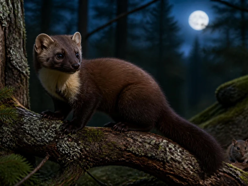 Une martre attentive se déplace sur une branche dans une forêt sombre éclairée par la pleine lune