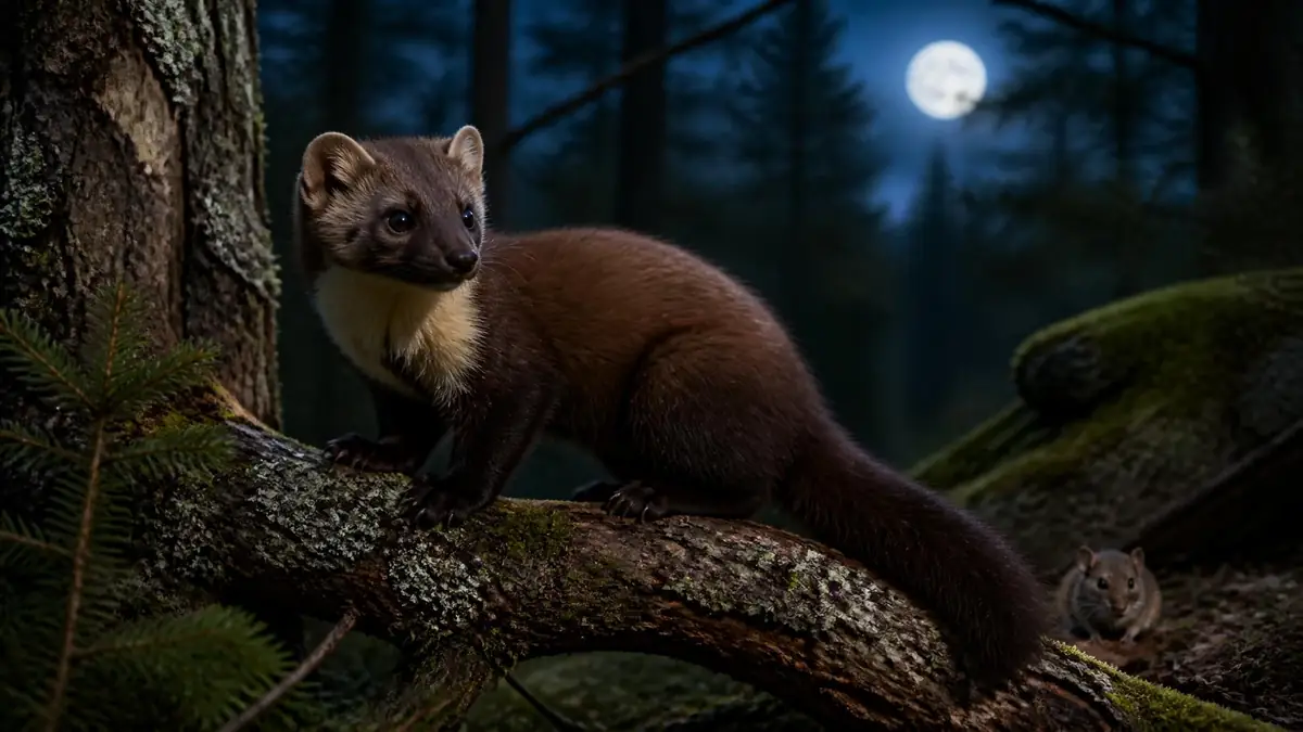 Une martre attentive se déplace sur une branche dans une forêt sombre éclairée par la pleine lune