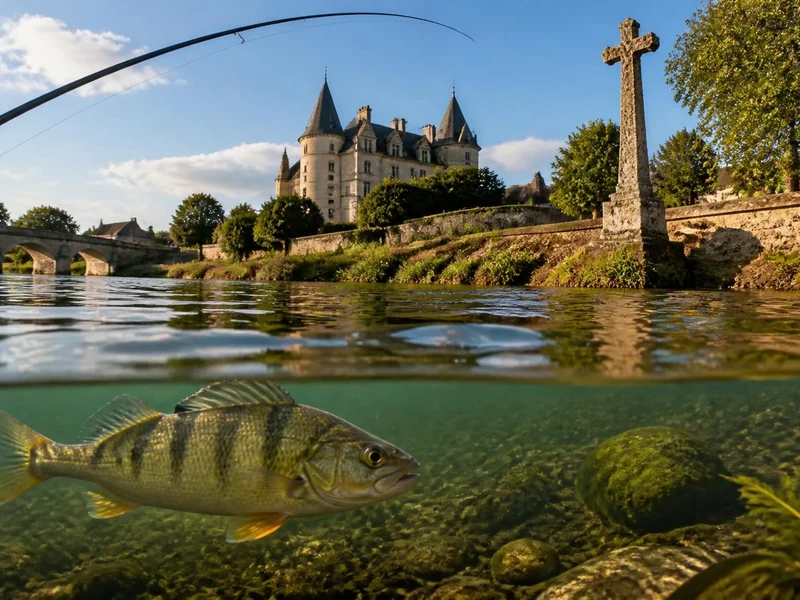 La perche nage sous la surface d'une rivière devant un château et une canne à pêche