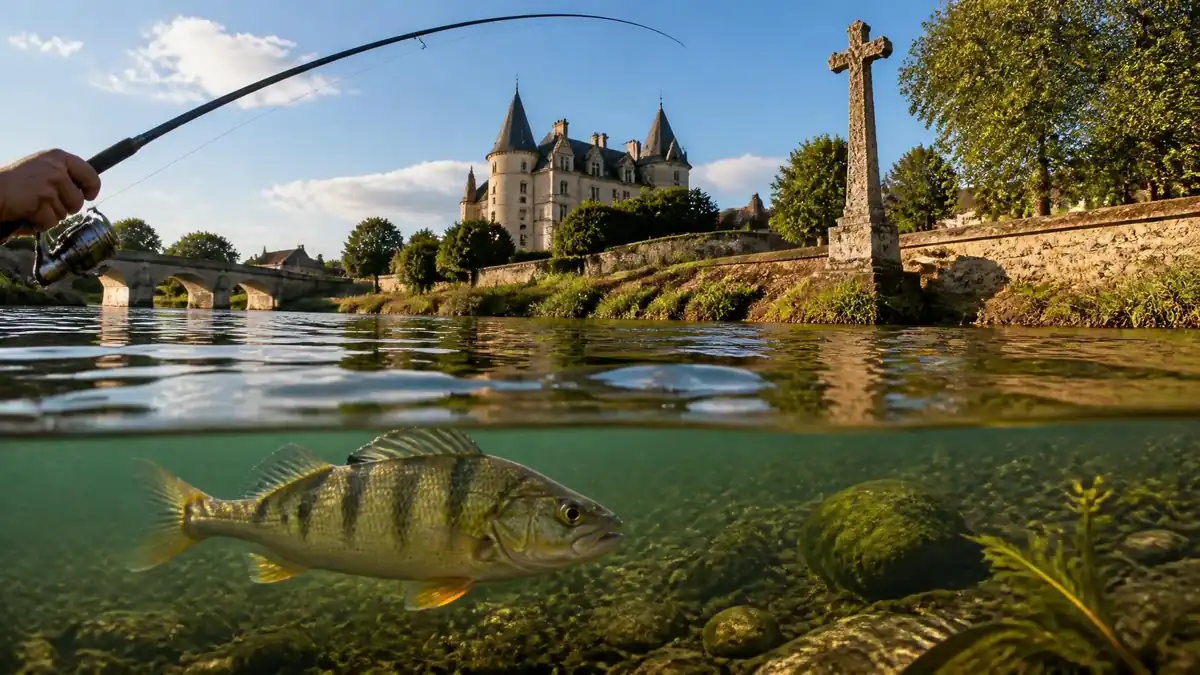 La perche nage sous la surface d'une rivière devant un château et une canne à pêche