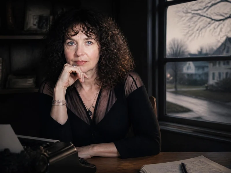 Portrait de l'écrivaine Laura Kasischke assise à son bureau devant une fenêtre avec une machine à écrire