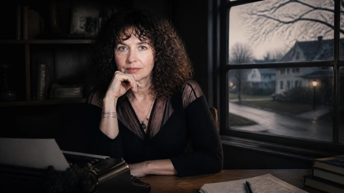 Portrait de l'écrivaine Laura Kasischke assise à son bureau devant une fenêtre avec une machine à écrire