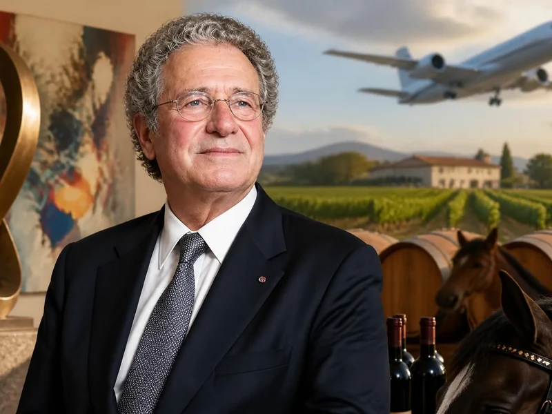 Portrait de Laurent Dassault devant un fond illustrant ses activités dans l'art, l'aviation, le vin et les chevaux