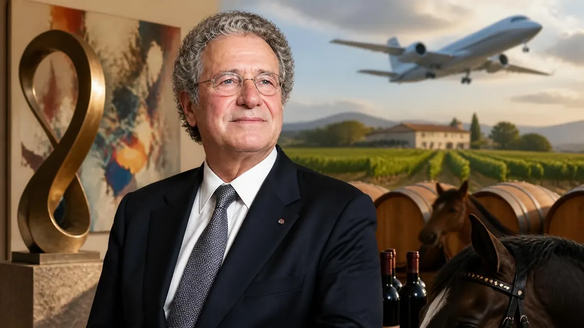 Portrait de Laurent Dassault devant un fond illustrant ses activités dans l'art, l'aviation, le vin et les chevaux