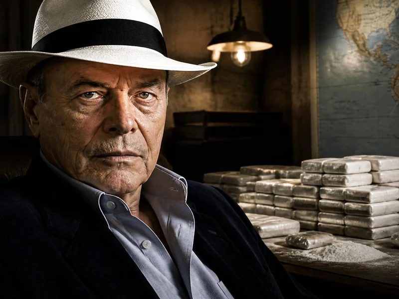 Portrait de Laurent Fiocconi portant un chapeau devant des ballots de drogue et une carte du monde