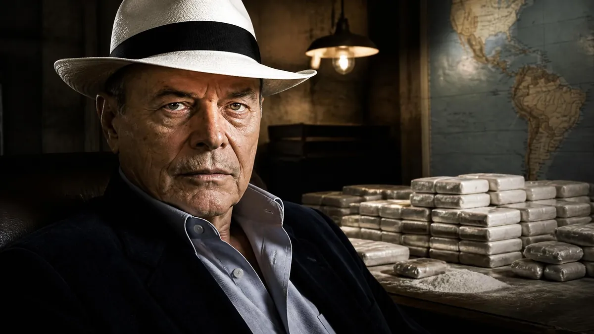 Portrait de Laurent Fiocconi portant un chapeau devant des ballots de drogue et une carte du monde