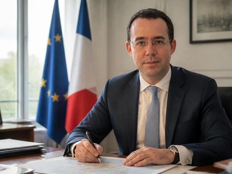 Portrait officiel de Laurent Hottiaux assis à son bureau devant les drapeaux français et européen