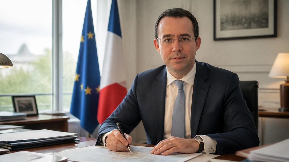 Portrait officiel de Laurent Hottiaux assis à son bureau devant les drapeaux français et européen