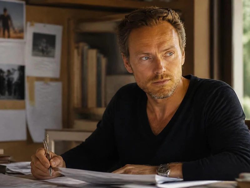 Portrait de Laurent Mondy en train de travailler à son bureau avec des documents et des photos en arrière-plan