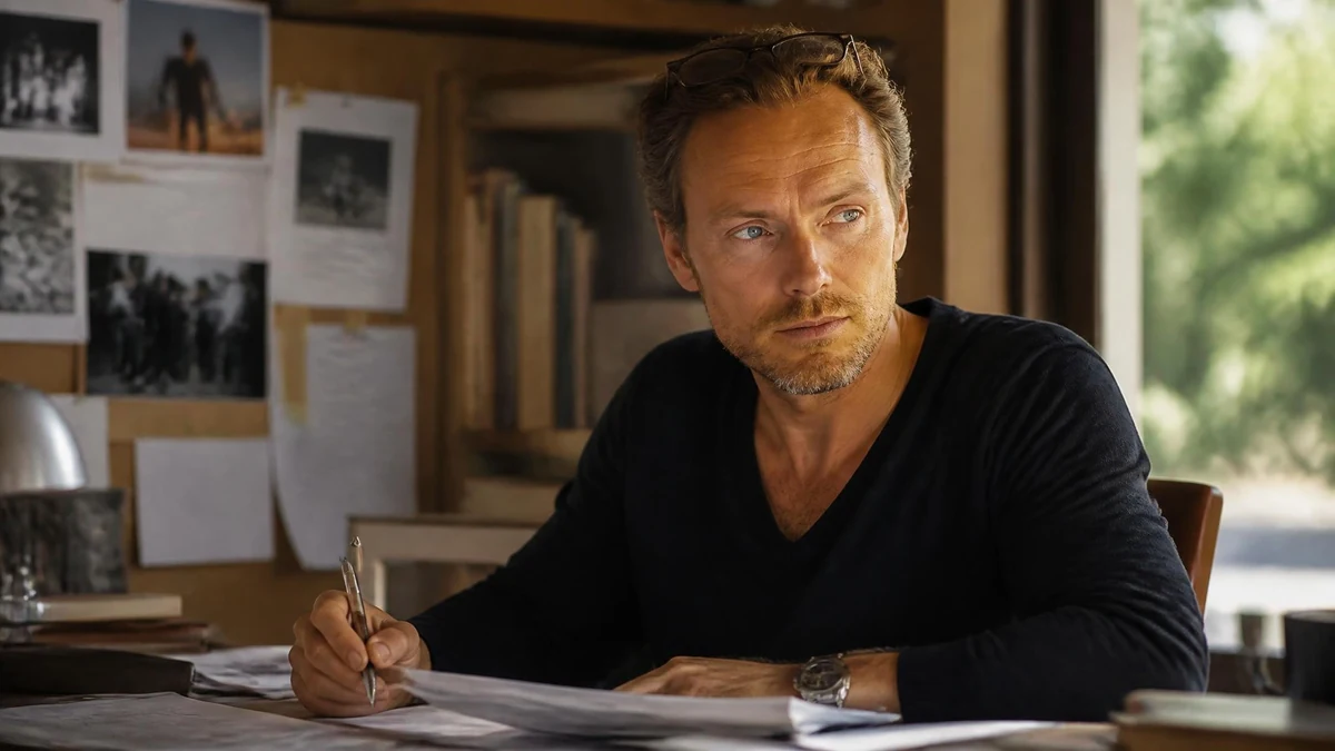 Portrait de Laurent Mondy en train de travailler à son bureau avec des documents et des photos en arrière-plan