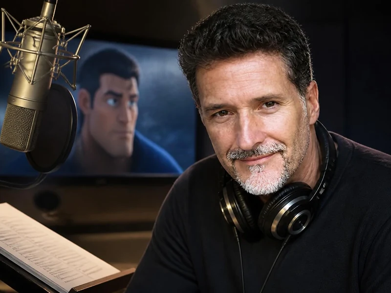 Le comédien Laurent Morteau dans un studio d'enregistrement avec un micro et un casque audio