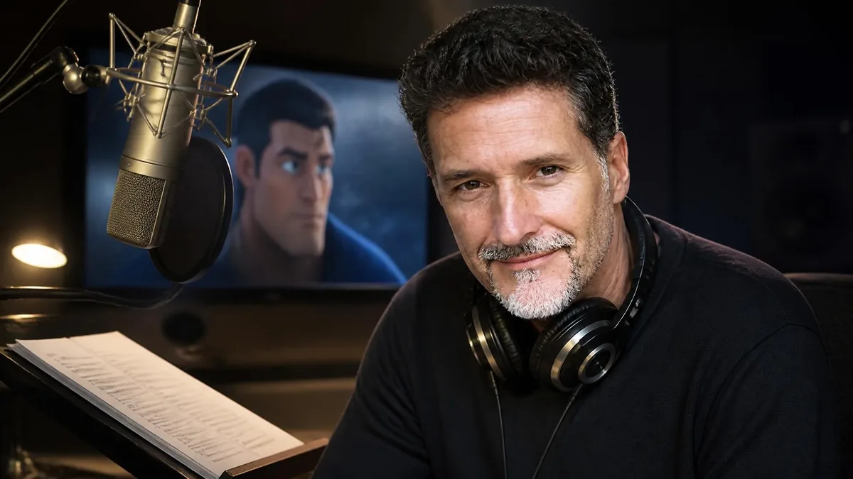 Le comédien Laurent Morteau dans un studio d'enregistrement avec un micro et un casque audio
