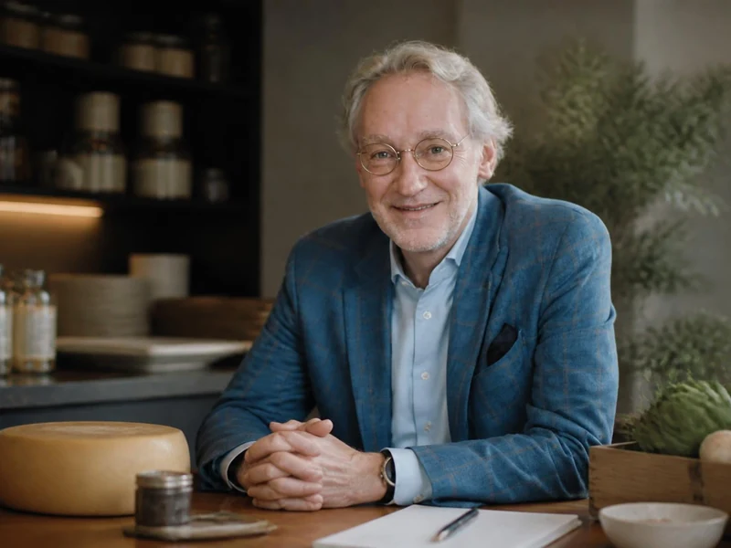 Portrait souriant de Laurent Plantier assis à une table dans une cuisine avec des ingrédients et des ustensiles