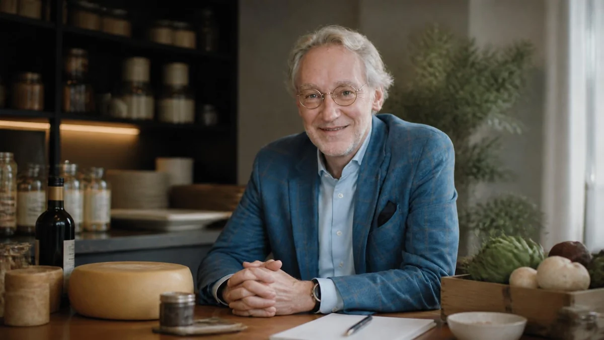 Portrait souriant de Laurent Plantier assis à une table dans une cuisine avec des ingrédients et des ustensiles