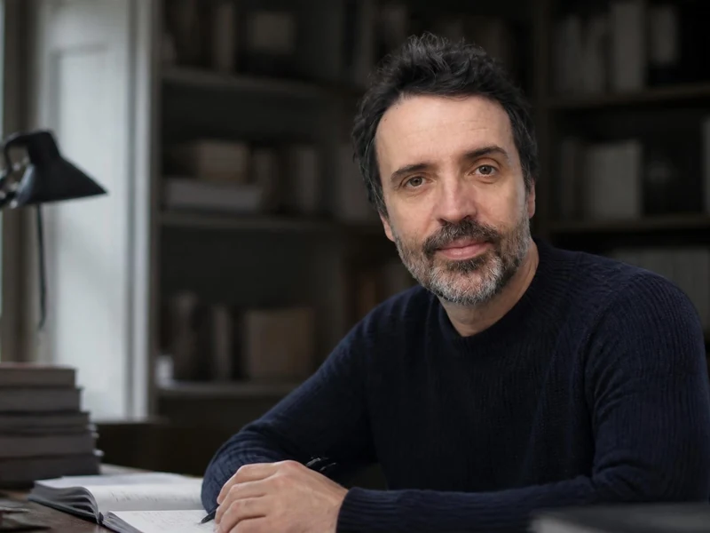 Portrait de l'acteur Laurent Poitrenaux assis à son bureau devant une bibliothèque et une lampe de travail