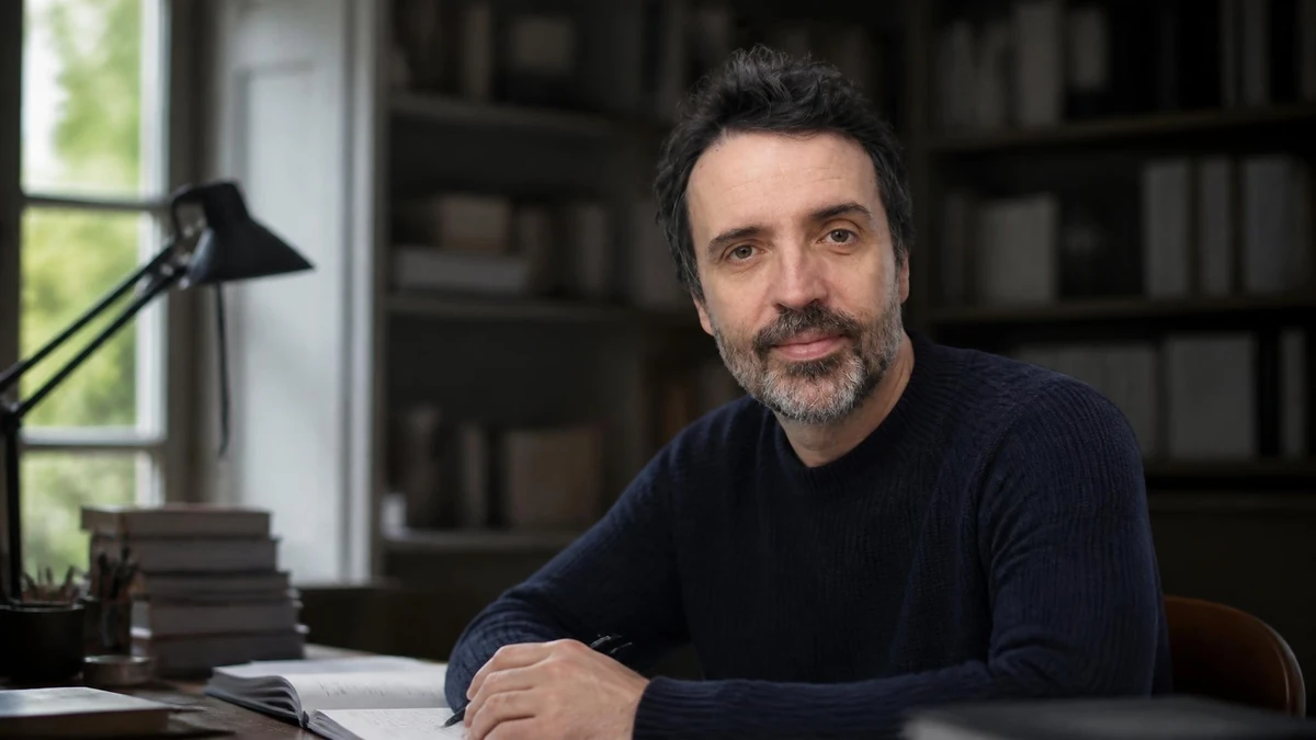 Portrait de l'acteur Laurent Poitrenaux assis à son bureau devant une bibliothèque et une lampe de travail