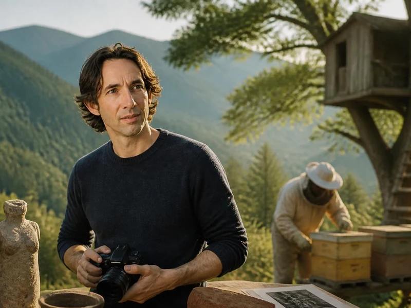 Laurent Védrine tenant un appareil photo devant un paysage naturel avec un apiculteur et une cabane dans les arbres
