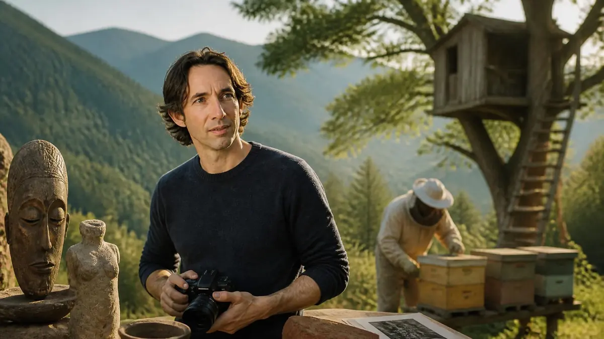 Laurent Védrine tenant un appareil photo devant un paysage naturel avec un apiculteur et une cabane dans les arbres