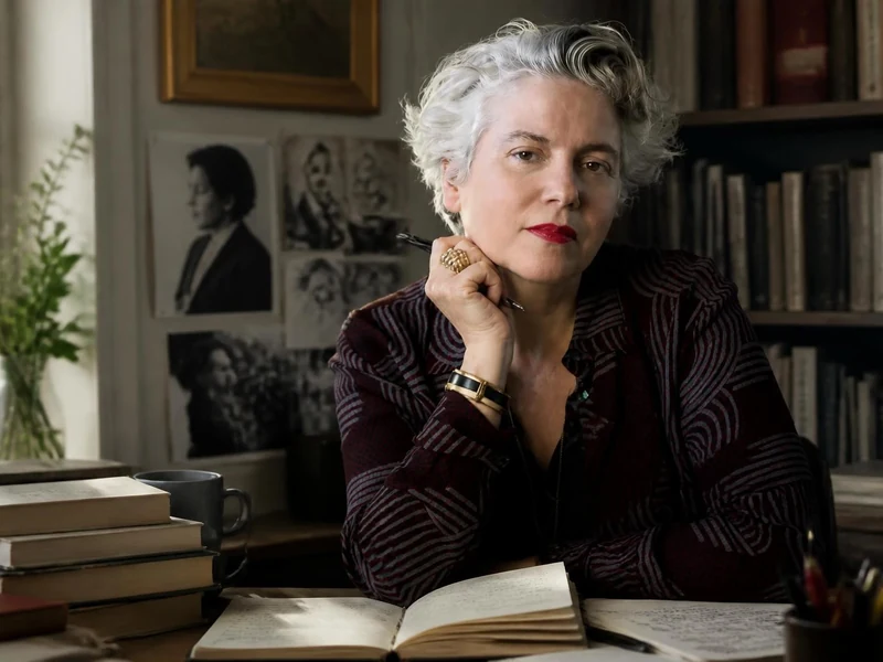 Portrait de la chercheuse Laurie Laufer assise à son bureau, entourée de livres et de documents dans une bibliothèque