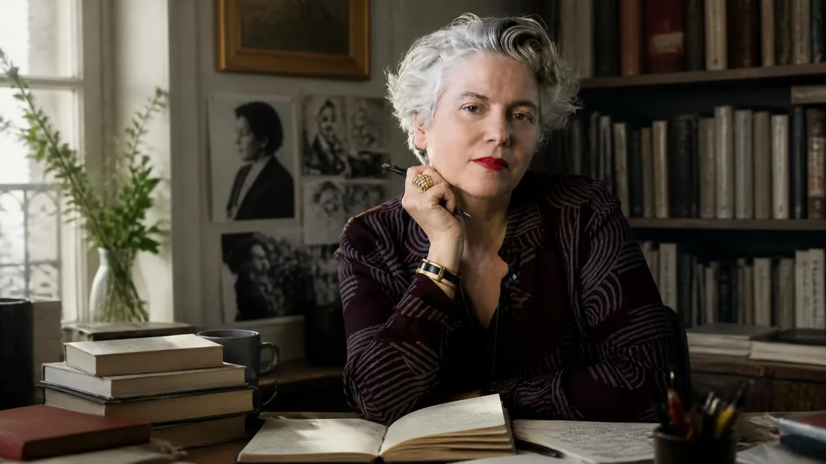 Portrait de la chercheuse Laurie Laufer assise à son bureau, entourée de livres et de documents dans une bibliothèque