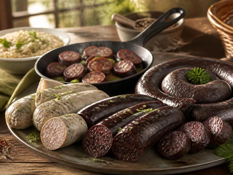 Assortiment de boudin noir et blanc présenté sur un plat avec des rondelles poêlées et un accompagnement de riz